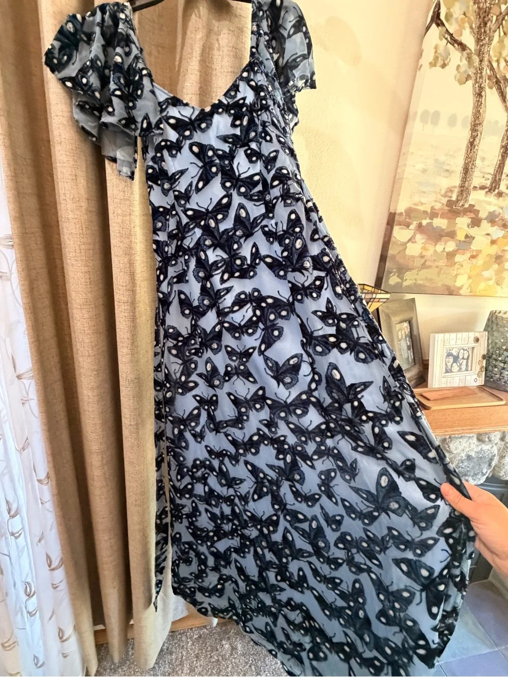 La Femme En Noir Corpse Bride Butterfly Print Maxi Dress in Lavender and Black